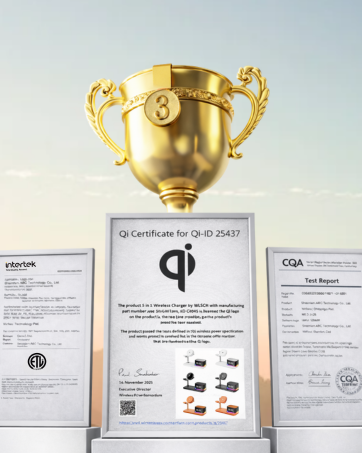 qi2 certified wireless charging station tested by intertek and third party labs