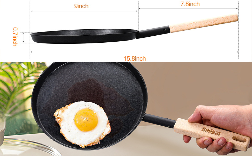 bodkar Frying Pan Skillet Pre-Seasoned 9-inch Flat Griddle Pan with Detachable Wood Handle