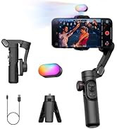 Smartphone gimbal stabilizer with folding arm, phone mount, and two colorful LED fill lights. Includes mini tripod, charging cable, and example of stabilized video recording on phone screen.