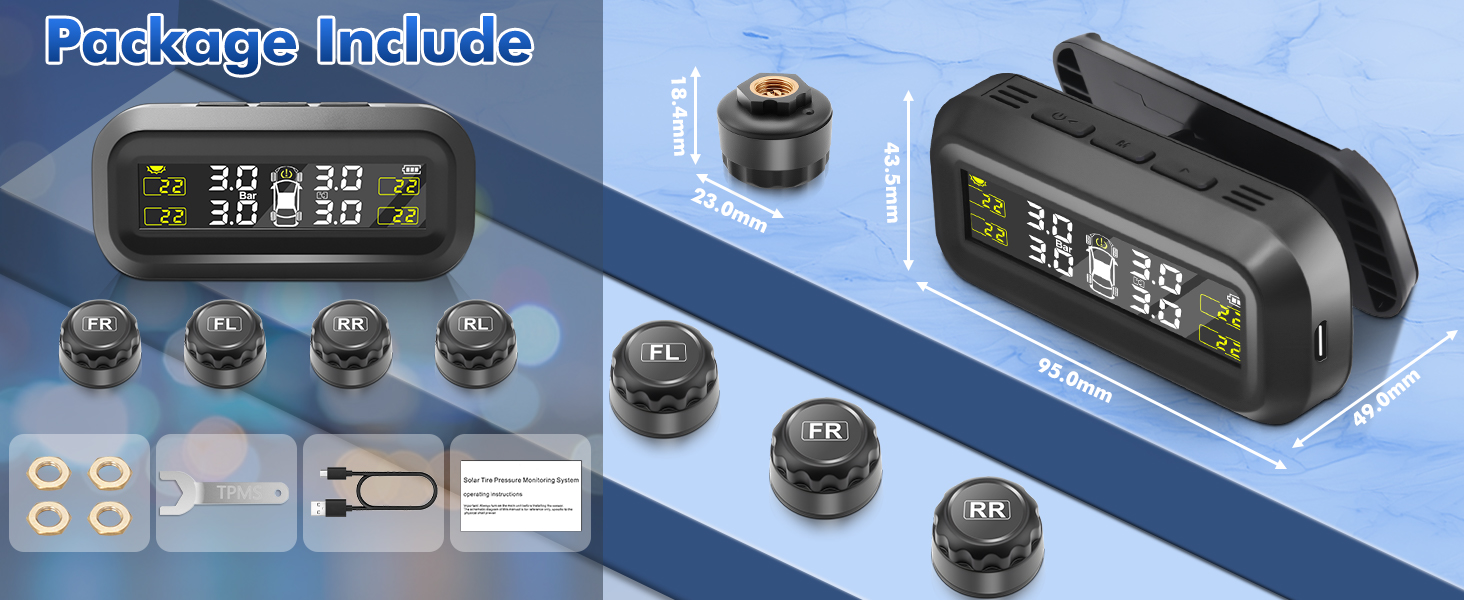 Tire pressure monitoring system display with digital readout and four black circular sensors. Package includes mounting accessories and USB charging cable.