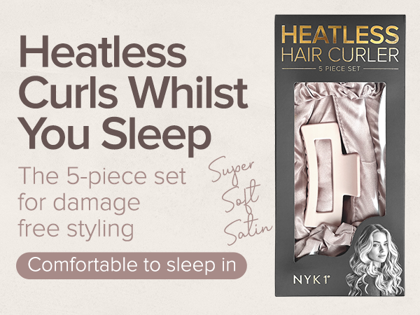 Text reads 'Heatless Curls Whilst You Sleep - The 5-piece set for damage free styling - Comfortable to sleep in'. Product packaging shown with pink design elements.