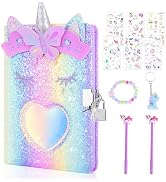 homicozy Unicorn Diary with Lock,Gift for 6 7 8 Year Old Girl,Glitter Seceret Journal for Kids wi...
