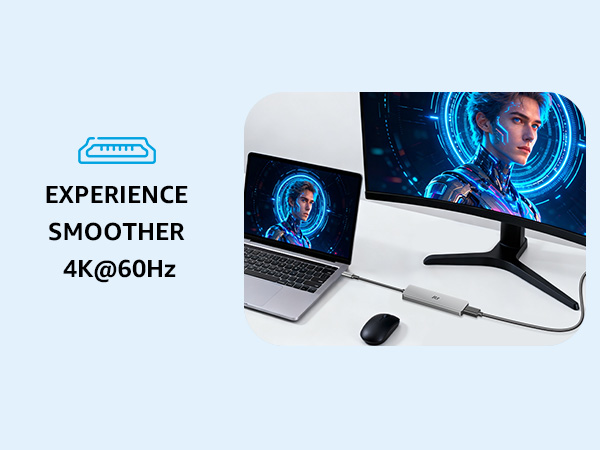 Text reads 'EXPERIENCE' and 'SMOOTHER 4K@60Hz'. Marketing composite showing gaming setup with monitor and peripherals against blue lighting effects.