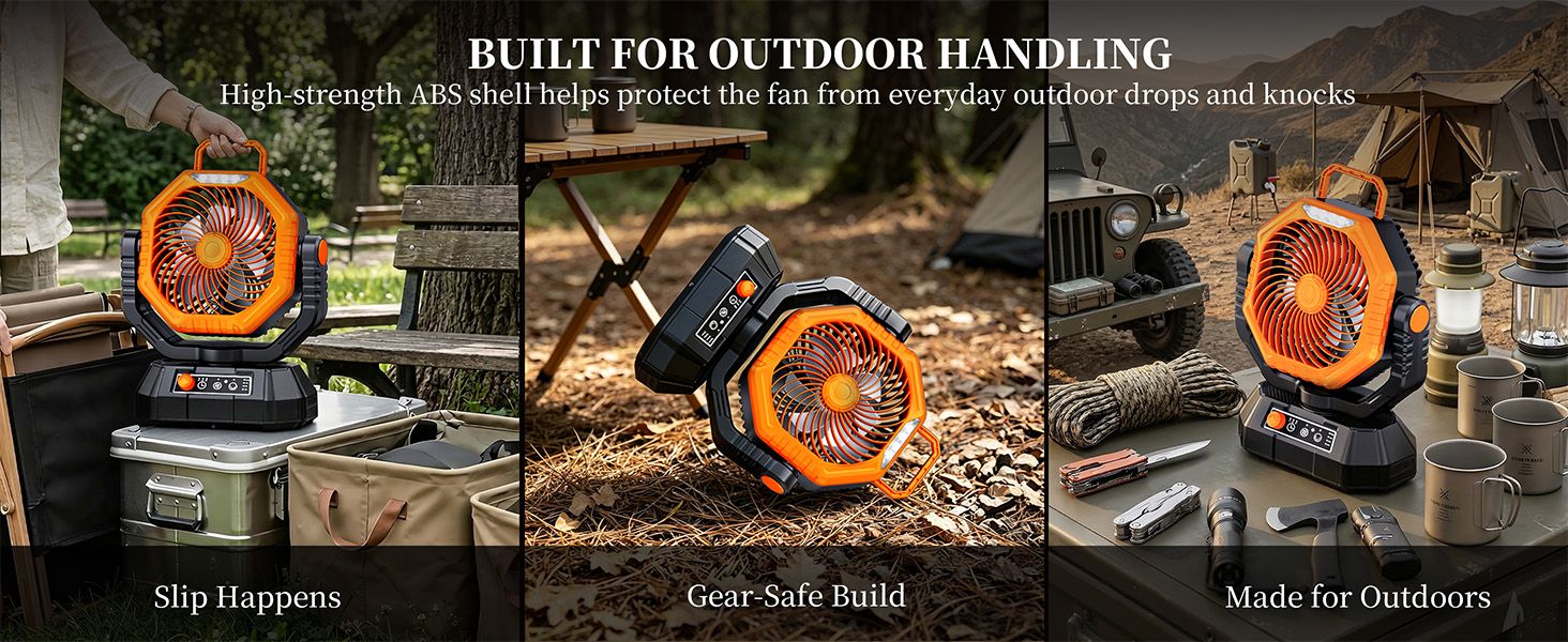 Drop-resistant ABS housing makes this portable outdoor fan perfect for rough outdoor use