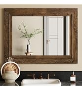 Rustic Wall-Mounted Vanity Mirror, Solid Wood Frame Bathroom Mirror, Farmhouse Style for Living R...