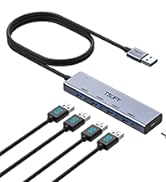 USB hub with multiple ports. Silver rectangular device connected to a USB cable, with four additional ports visible.