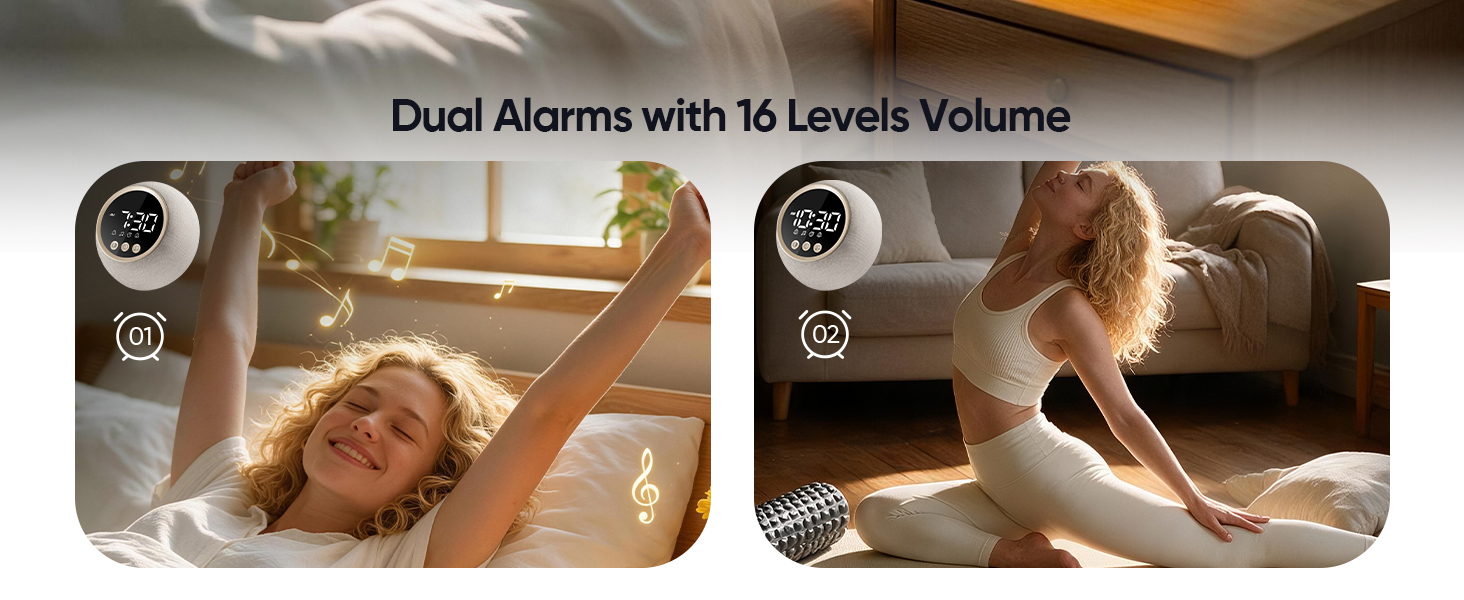 Text reads 'Dual Alarms with Adjustable Volume'. Two cats shown in separate panels, suggesting dual alarm functionality for pet monitoring or scheduling.