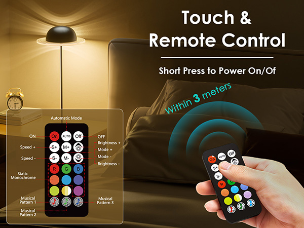 Text reads 'Touch &amp; Remote Control' and 'Short Press to Power On/Of'. Interface demonstration showing colorful circular button layouts and remote control functionality in warm ambient lighting.