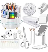 White Office Supplies,Desk Accessories,with Stapler, Tape Dispenser, Staple Remover, Scissor,Ball...
