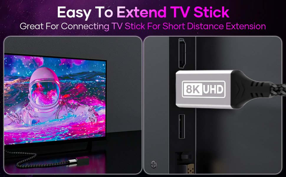 TV stick extension device for short-distance connection. Shows 8K UHD capability, with image of TV displaying colorful abstract art.