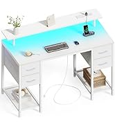 Huuger 47 inch Computer Desk with 4 Drawers, Gaming Desk with LED Lights &amp; Power Outlets, Home Of...