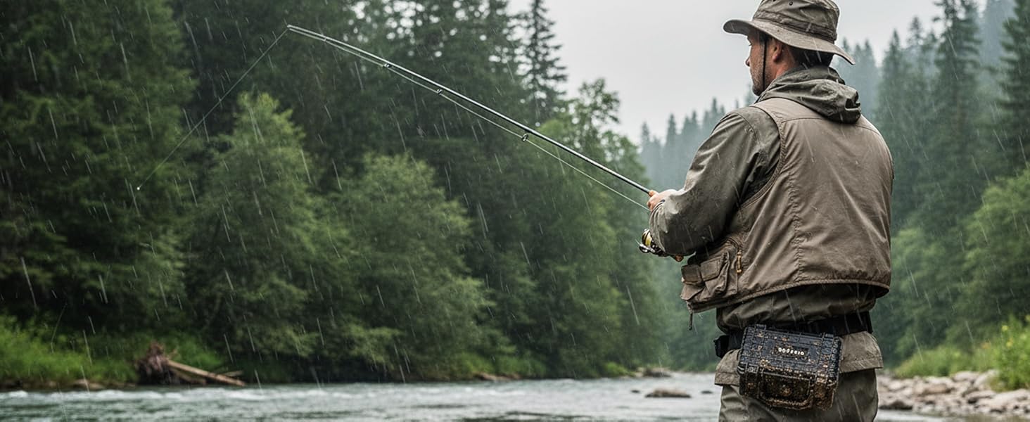 Series of outdoor fishing scenes by a river or stream, showing angler activities in natural wooded setting with flowing water.