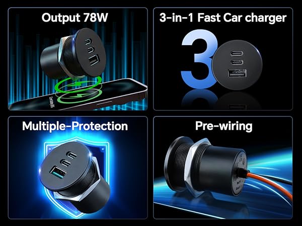 Output 78W O 3-in-1 FastCar charger Multiple-Protection Pre-wiring