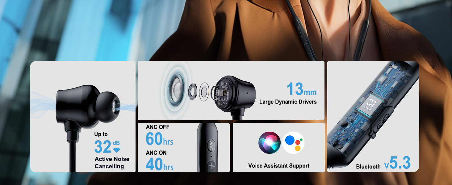 13mm driver,ANC up to 32dB,ANC On 40hrs, ANC Off 60hrs, Bluetooth v5.3 ,IPX6 Water Resistance