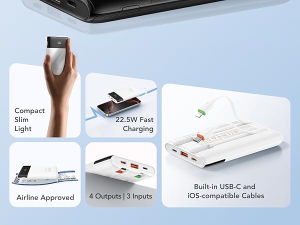 Compact Slim Power Bank, 22.5W Fast Charging, Airline Approved battery backup, 4 Outputs,3 Inputs.