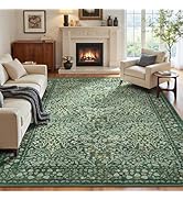 Lofus Green Rug 8x10, Washable Large Living Room Area Rugs Non Slip Low Pile, Boho Floral Carpet ...