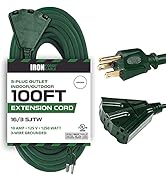 Iron Forge 100 Ft Green Outdoor Extension Cord with 3 Outlets Pigtail - 16/3 SJTW Weatherproof Mu...