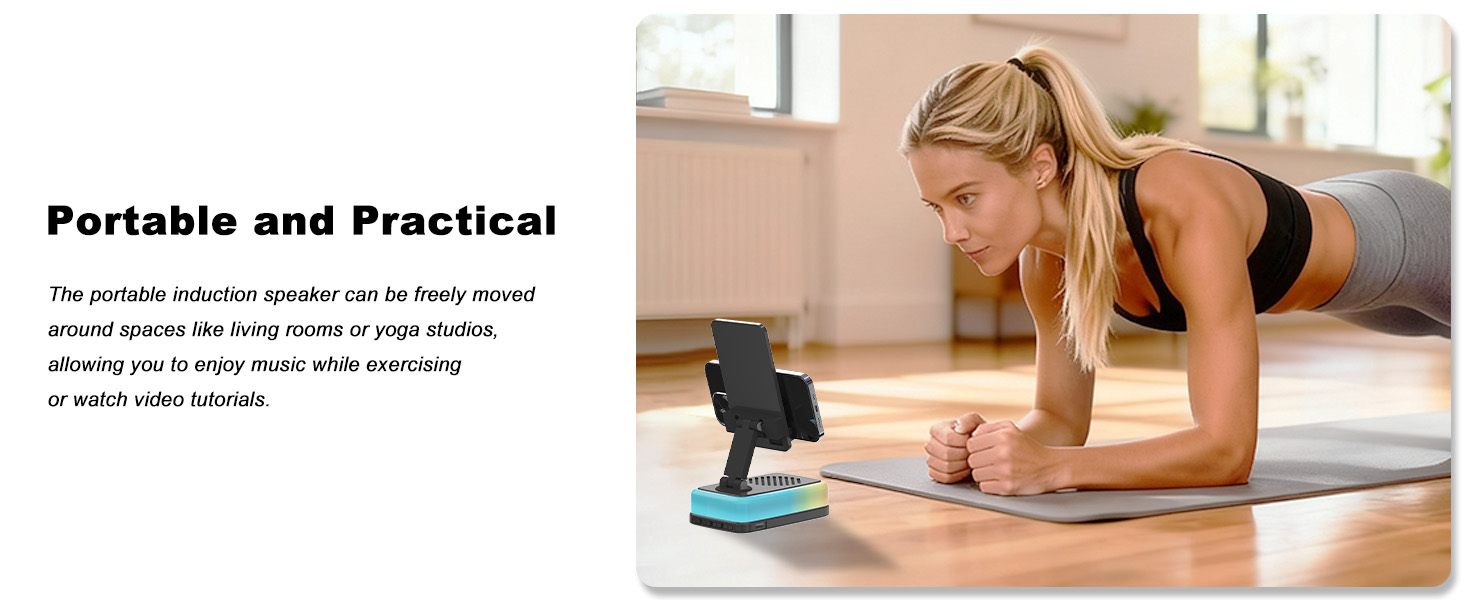 Portable bluetooth speaker for yoga and fitness, adjustable phone holder for workout videos.