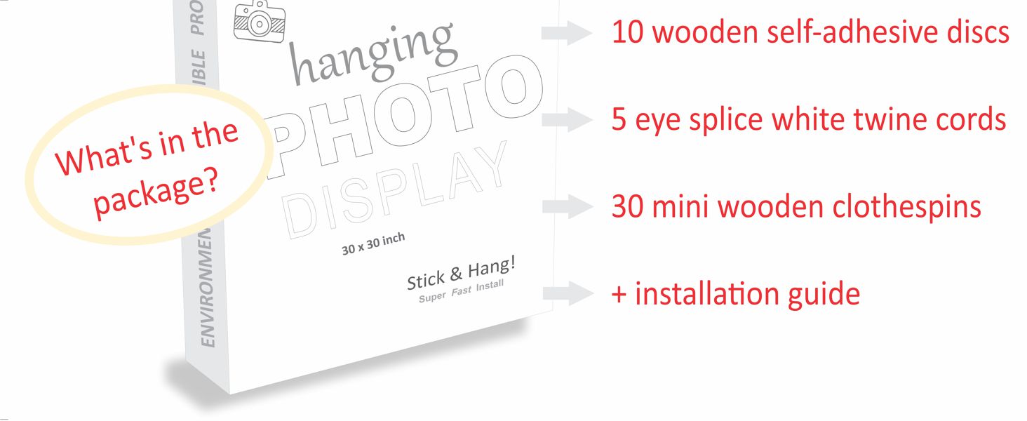 Hanging Photo Display Room Wall Decor - 5 Strings with 30 Clips - Sculptural Picture Frames Collage