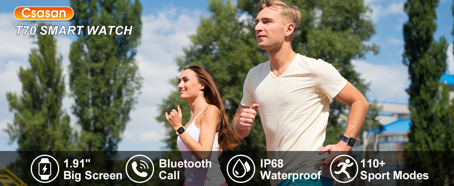 Smartwatch advertisement showing features: 1.91" big screen, Bluetooth call capability, IP68 waterproof rating, and 110+ sport modes. Two people jogging outdoors.