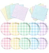 CMUSKO 60pcs Gingham Plates and Napkins - Pastel Party Decorations Rainbow Checkered Easter Sprin...