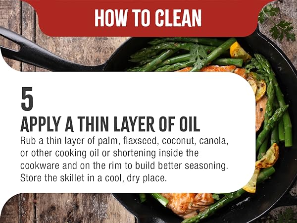 A cast-iron skillet grilling salmon. Text reads: Apply a thin layer of oil.