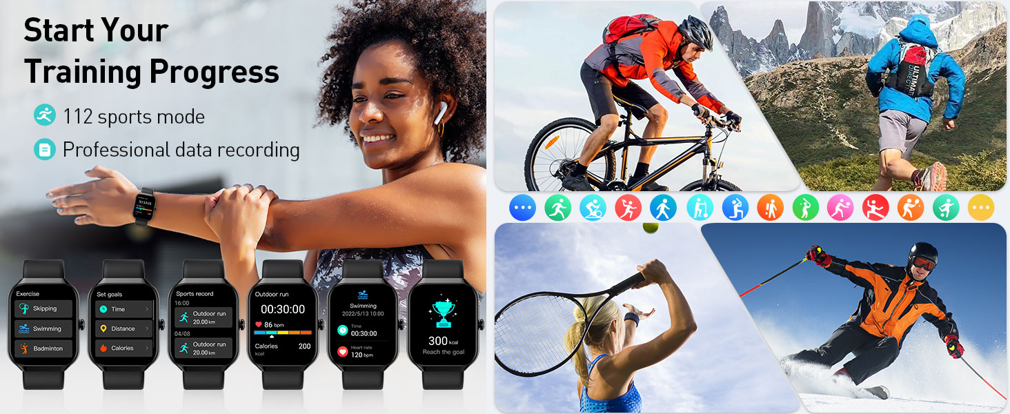 Smartwatch for fitness tracking displaying multiple screens with health metrics. Collage shows various sports activities including cycling, skiing, and tennis.