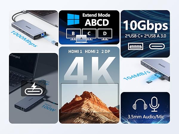 Docking Station 2 dual HDMI DisplayPort PD Charging,Ethernet 