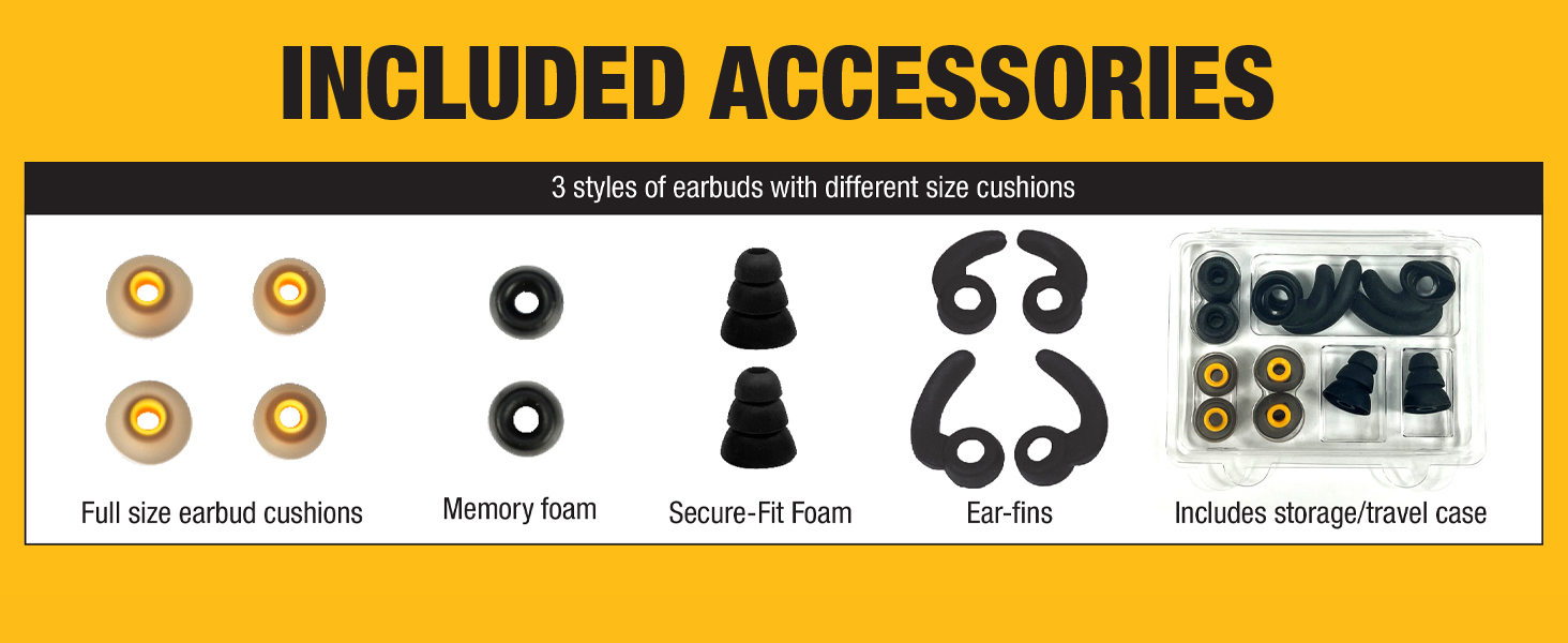 Included accessories, multiple ear cushions and fins, travel storage case