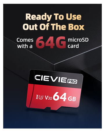 Text reads 'Ready To Use Out Of The Box' and 'Comes with a 64G microSD card'. Product image showing LIEVIE PRO red memory card.