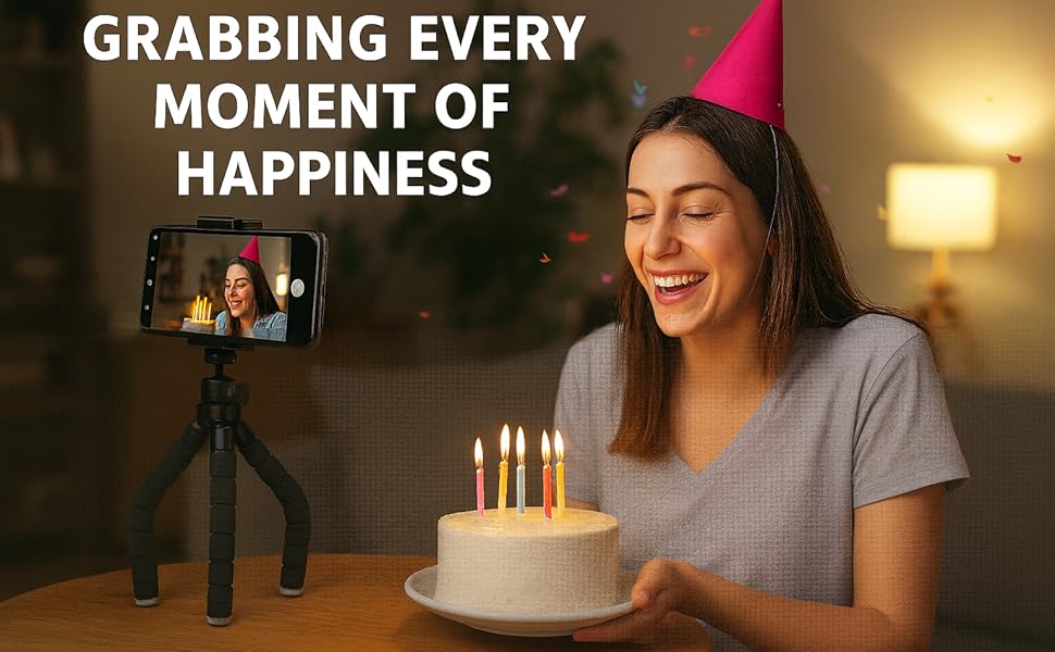 Woman celebrating birthday recording with tripod-mounted smartphone