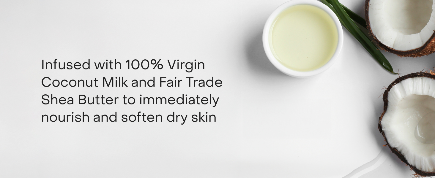 Images of sliced coconuts and their milk next to text about nourishing dry skin.