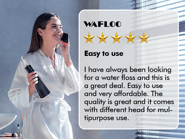 Woman using handheld device in bathroom. Product review text mentions easy-to-use water flosser with great quality and multipurpose use.