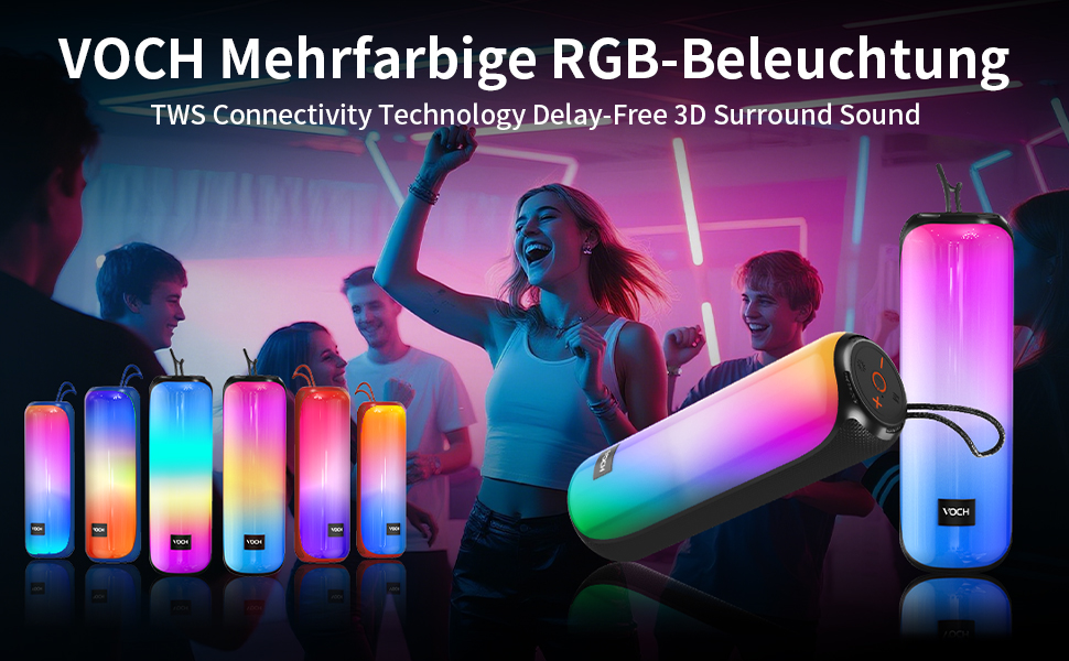 Text reads 'VOGA Mehrfarbige RGB-Beleuchtung'. Multiple illuminated bottles or containers showing rainbow RGB lighting effects in purple, blue, and pink hues.