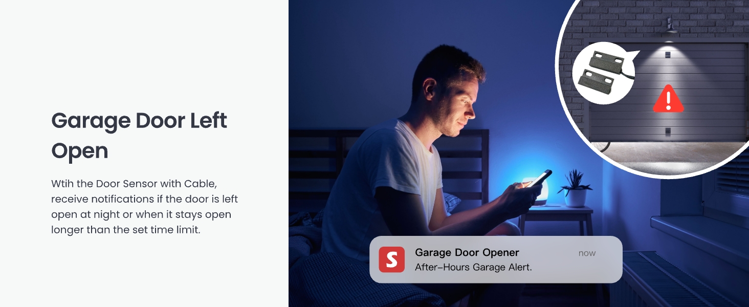 Smart garage door system with mobile app notification. Person using phone at night, inset image shows garage door open with warning light.