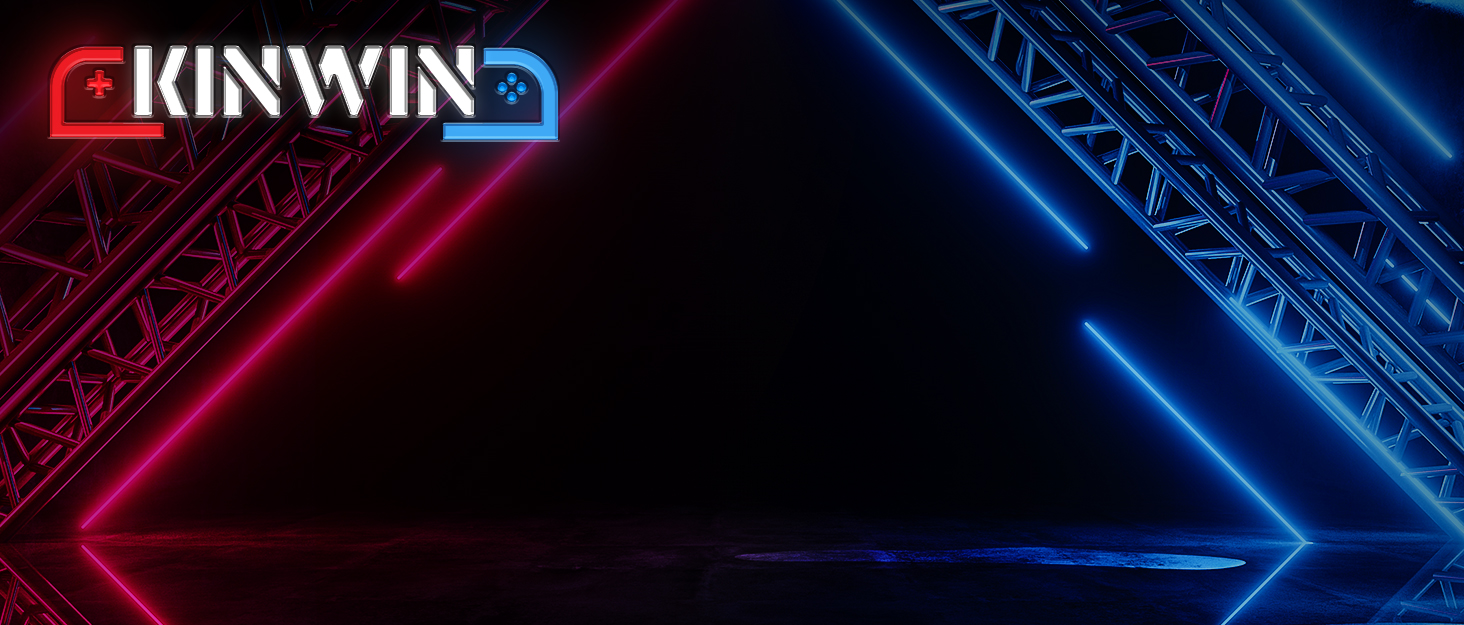 Abstract lighting display featuring red and blue neon-style illuminated truss structures against black background, with 'KINWIN' text visible.