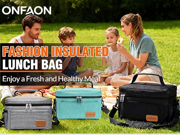 Family picnic outdoors using ONFAON insulated lunch bag, keeping food fresh and cool