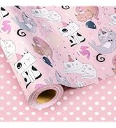 MAYPLUSS Cat Wrapping Paper, 17 Inch X 33 Feet Cute Pink Cat Gift Wrap Paper with Polka Dot for B...