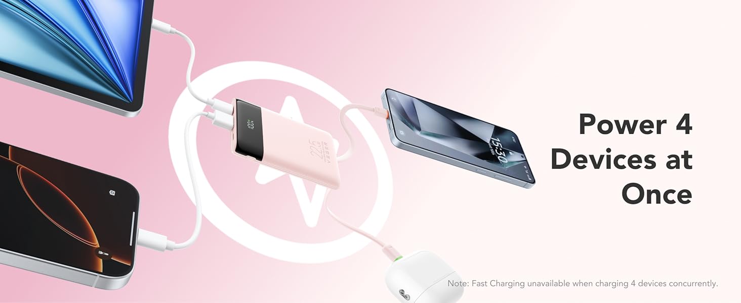 Power 4 devices at Once, such as iOS Android Phones tablet and earbuds simultaneously