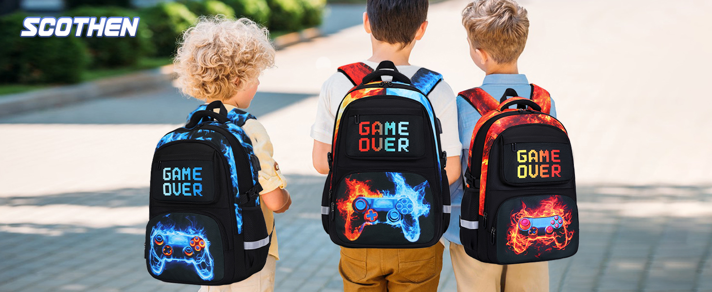 Cool Gamer Boys Backpack with Lunch Box and Pencil Case