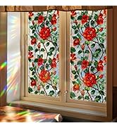 Bloss Stained Glass Windows Film,3D Red Rose Valentines Window Clings,Flower Rainbow Glass Valent...