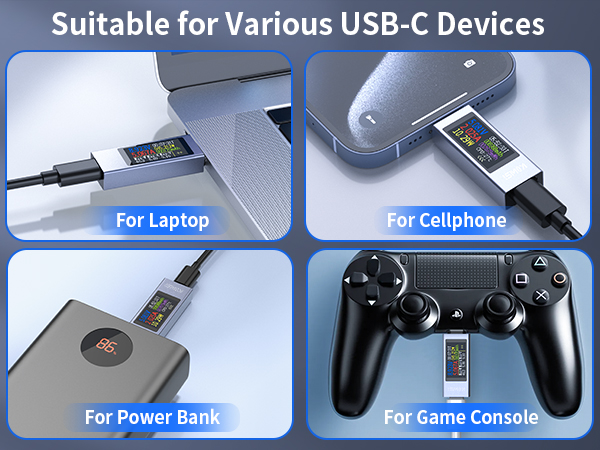 USB-C device compatibility chart showing connections for laptop, cellphone, power bank, and game console, with digital displays on cables.