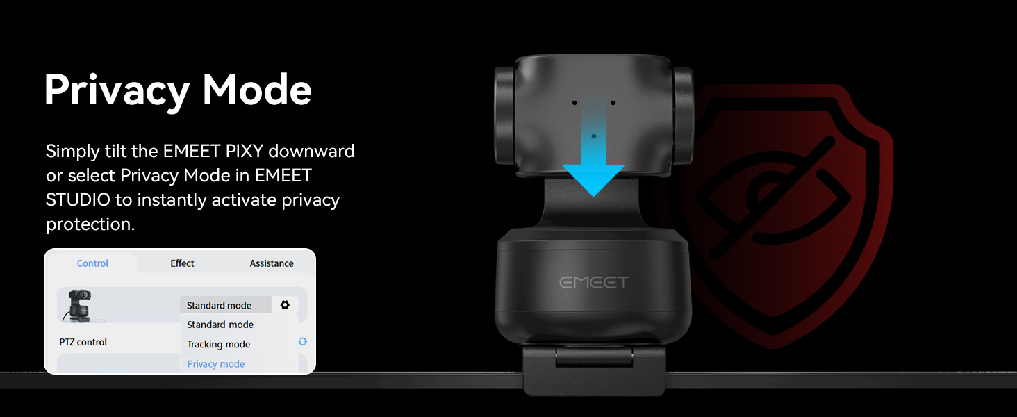 Privacy mode activates by tilt, timer, or app EMEET PIXY ptz camera 4K 