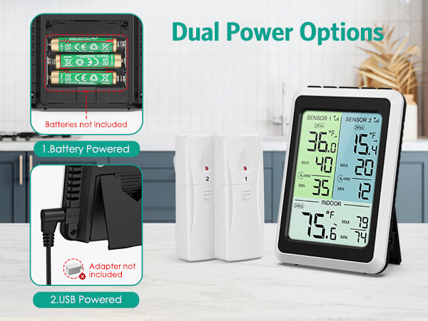 Wireless Freezer Thermometer, Digital Refrigerator Thermometer with 2 Sensors