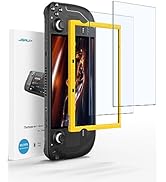 Tempered glass screen protector for handheld gaming device. Shows device with yellow outline indicating protector placement. Package includes multiple protectors and application tool.