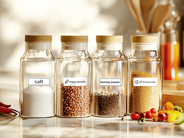 a collection of glass jars with different types of food.
