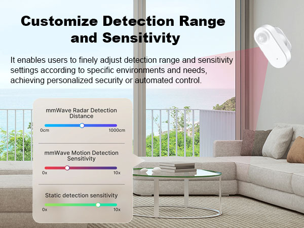 Motion sensor device with customizable detection range and sensitivity settings. Interface shows adjustable mmWave radar detection distance, motion detection sensitivity, and static detection sensitivity sliders.