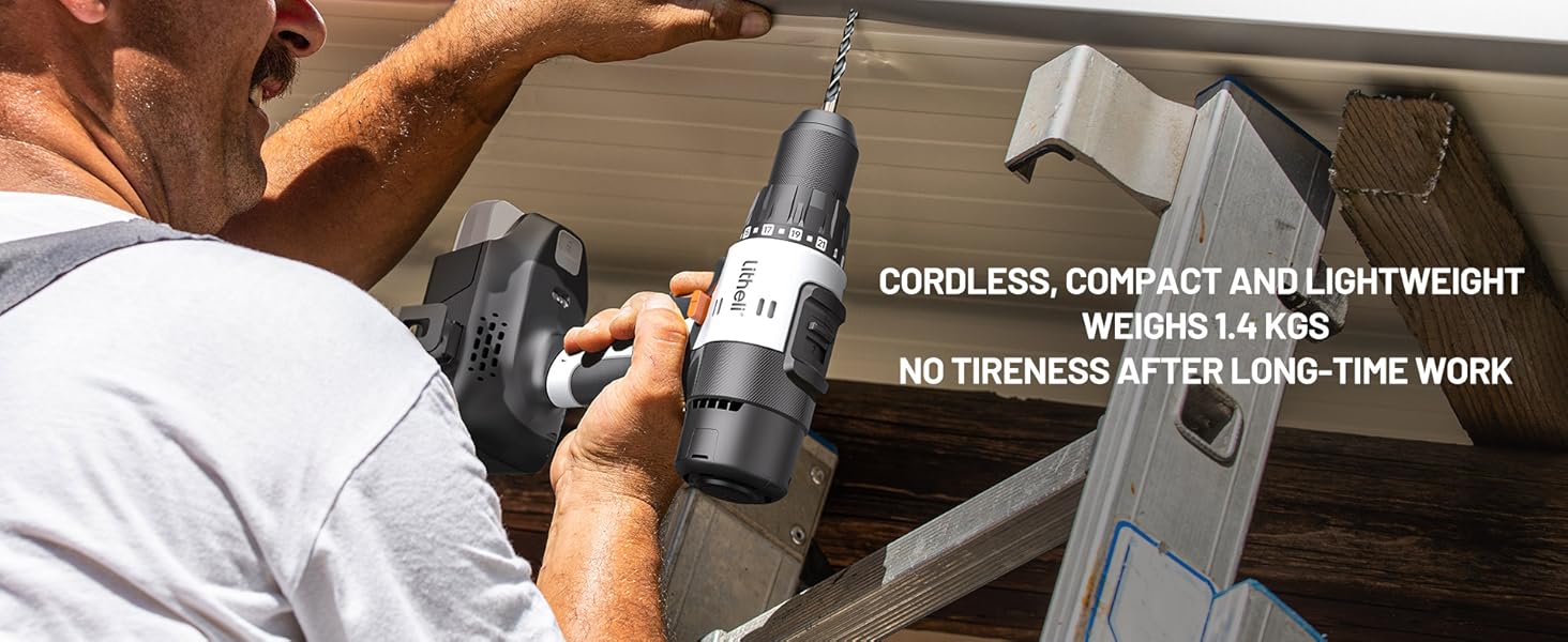 Cordless power drill in use, with text overlay stating it's compact, lightweight, and weighs 1.1 lbs. Person's hands visible operating the tool.