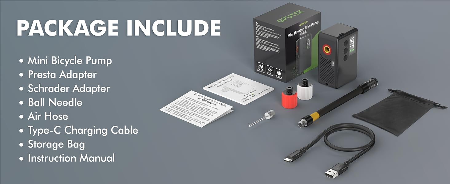 Mini Electric Bike Tire Air Pump with Gauge for Presta Schrader Bicycle Inflator