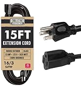 Cablectric Weatherproof Black Extension Cord 15 ft, 16/3 SJTW 15 Foot Outdoor Extension Cord 3 Pr...